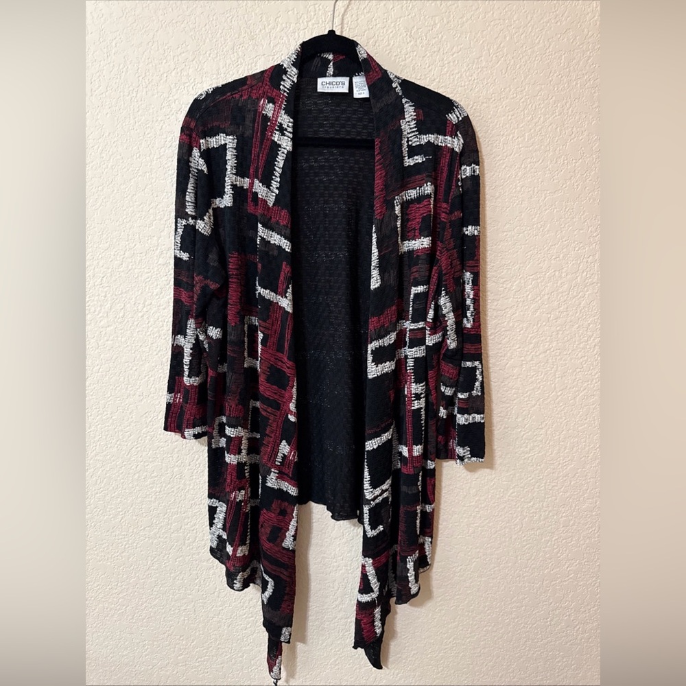 Chico’s Travelers Open Front Slinky Knit Abstract Geo Print Cardigan Sz 2 US L